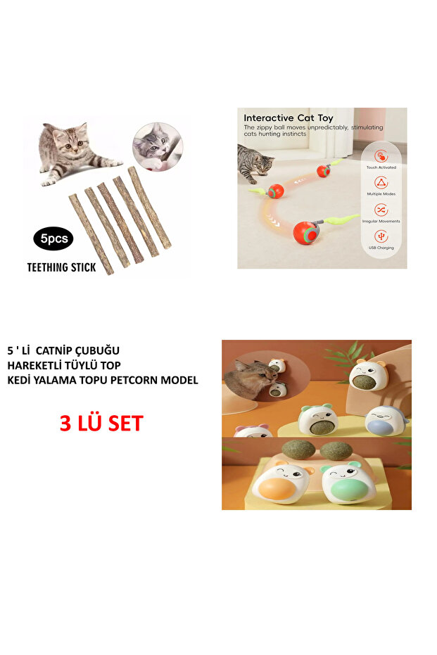 3-Piece Play Set for Cats – Smart Moving Ball, Teeth Cleaning Stick, Catnip Ball