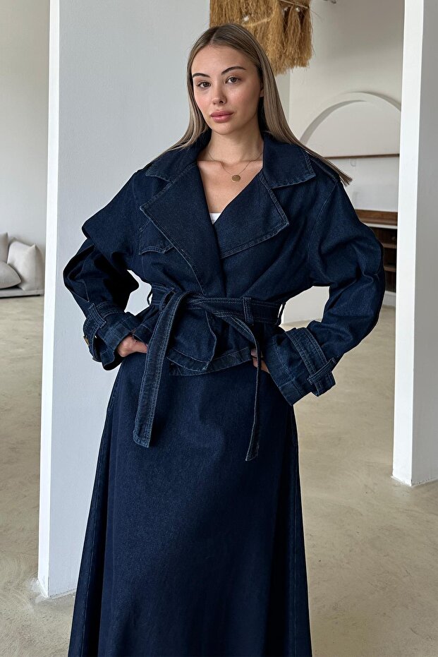 Belt Detailed Crop Denim Jacket Dark Blue 8277