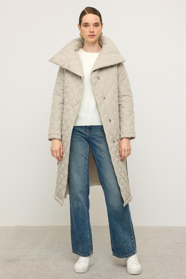 Removable Hooded Turn-Down Collar Quilted Jacket Stone 6792