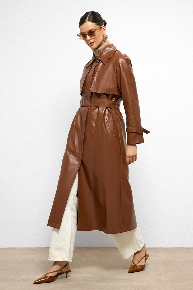 Raglan Sleeve Cape and Punto Stitch Detail Leather Trench Coat Taba 6754