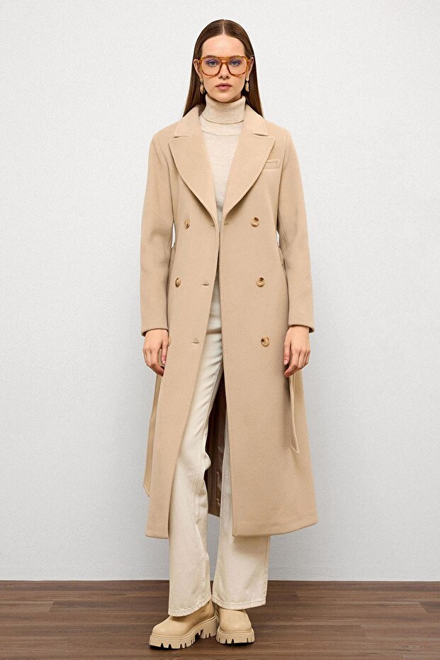 Jacket Collar Double Breasted Medium Coat Beige 3094