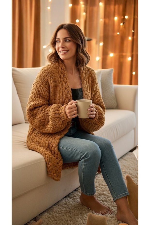 Chain detailed knitted chunky cardigan, plush cardigan