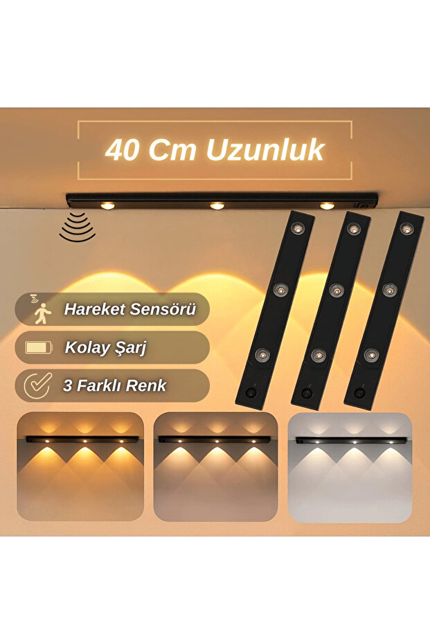 Sensörlü Şarjlı Dekoratif Gece Lambası Mutfak Mıknatıslı 3 Farklı Işık Renk 40cm ŞERİT LED - 1