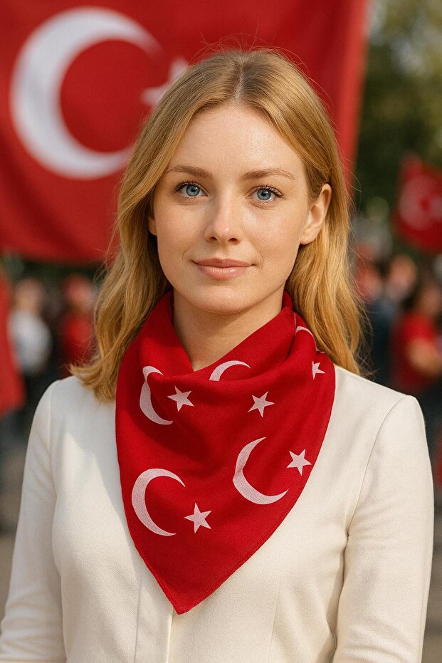 Red Moon Star Turkish Flag Themed Cotton Fabric Scarf - Bandana - 23 April, 29 October, 19 May