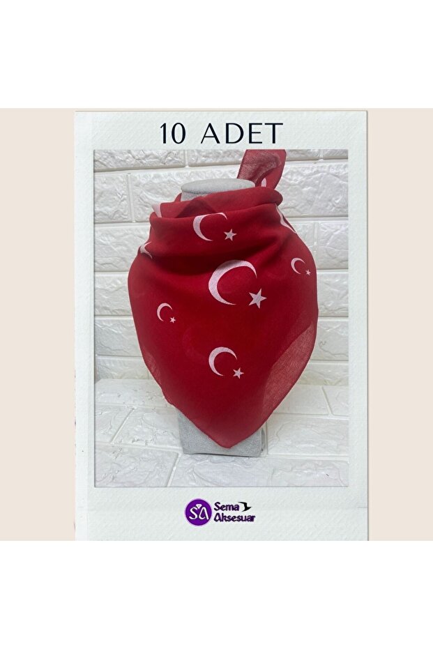 10 Pieces Red Crescent Star Turkish Flag Themed Cotton Fabric Scarf - Bandana - April 23, 19 May