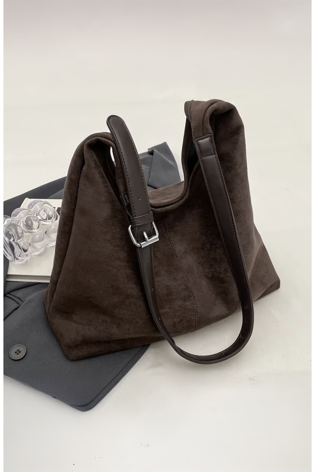 Women's Dark Brown Suede Snap-Closure Slouchy Shoulder Bag