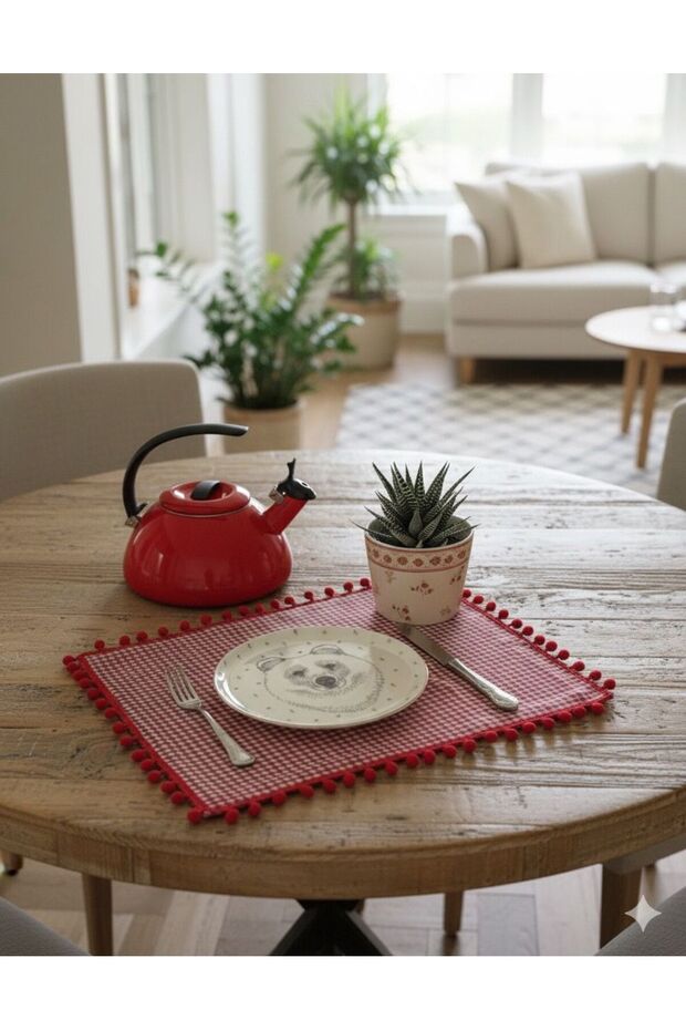 Supla Amerikan Servis Kenarlı Ponponlu Pötikareli Sofra Runner&Servis Tabak Altı 6 Adet - 1