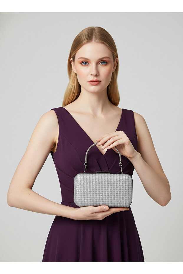 Silver Gray Lame Color Glitter Wire Wrapping Women's Evening Dress Bag