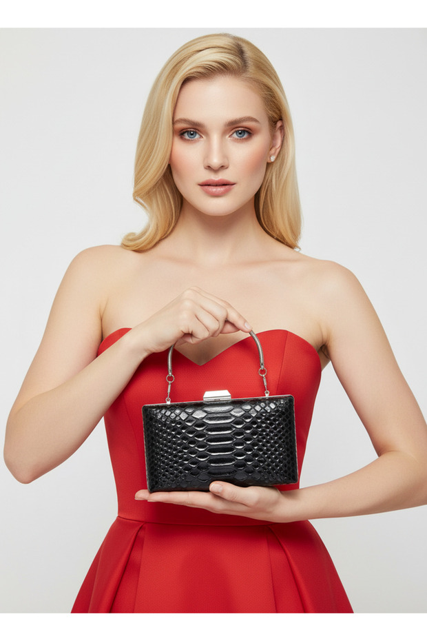Black Color Anaconda Patterned Matte Stylish and Luxurious Women's Evening Dress Bag