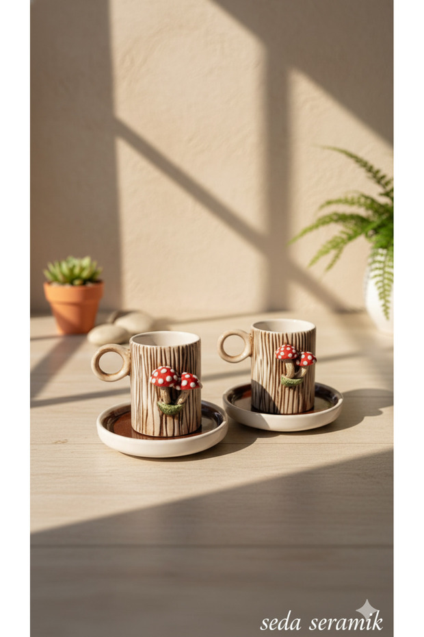 Handmade Log Patterned Design Mushroom 4-Piece Cup Set for 2 Persons 100 Ml.
