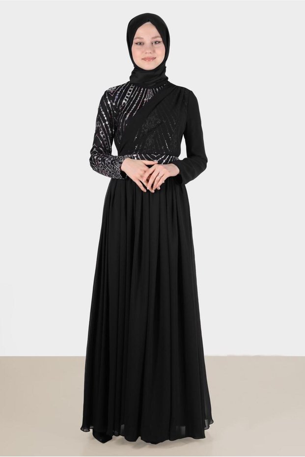 STONE DETAILED BELLOWED EVENING DRESS 50222