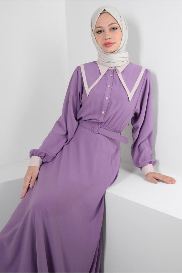 COLLAR DETAIL BUTTONED BELT DRESS 43937