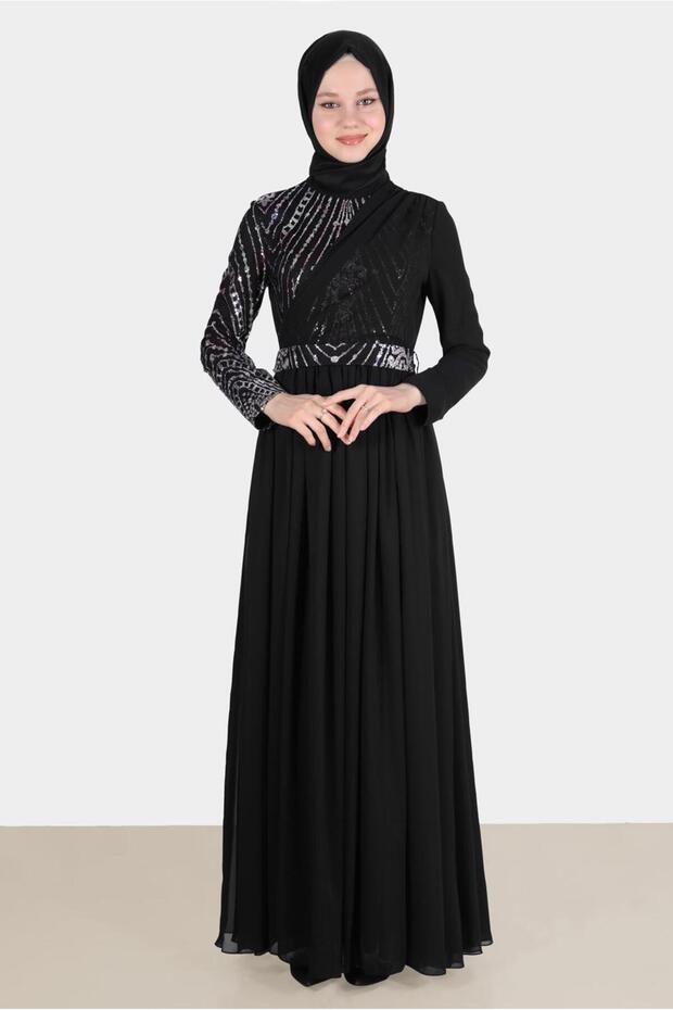 STONE DETAILED BELLOWED EVENING DRESS 50222