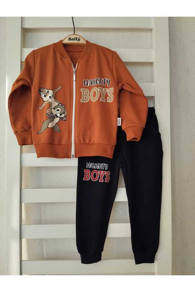 2 Thread Seasonal, Zippered, Squirrel Printed Bottom and Top Set, Tracksuit Set