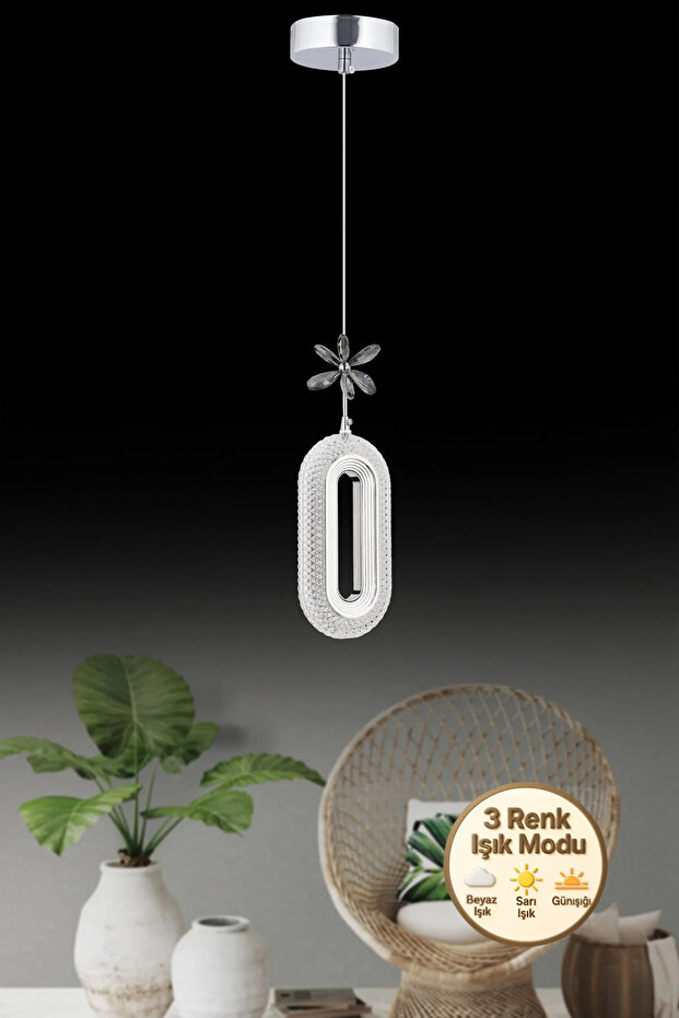 Eclipse Tekli Gümüş Ledli Kristal Taşlı Led Avize 3 Renk Modu Oturma Odası Yatak Odası Led Avize - 1