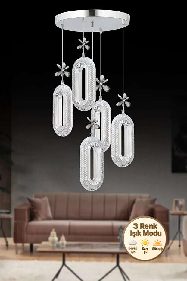 Eclipse Model 5'li Krom3 Renk Modu Ledli Kristal Taşlı Modern Salon Mutfak Oturma Odası Led Avize - 1