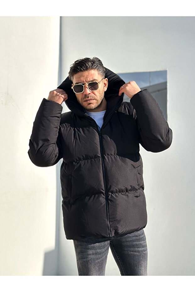 Men's Black Thick Hooded Puffer Jacket – Waterproof and Cold Weather Resistant Sports Coat