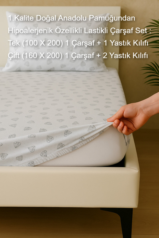 1St Quality Natural Anatolian Cotton Hypoallergenic Elastic Fitted Sheet Set Diamond