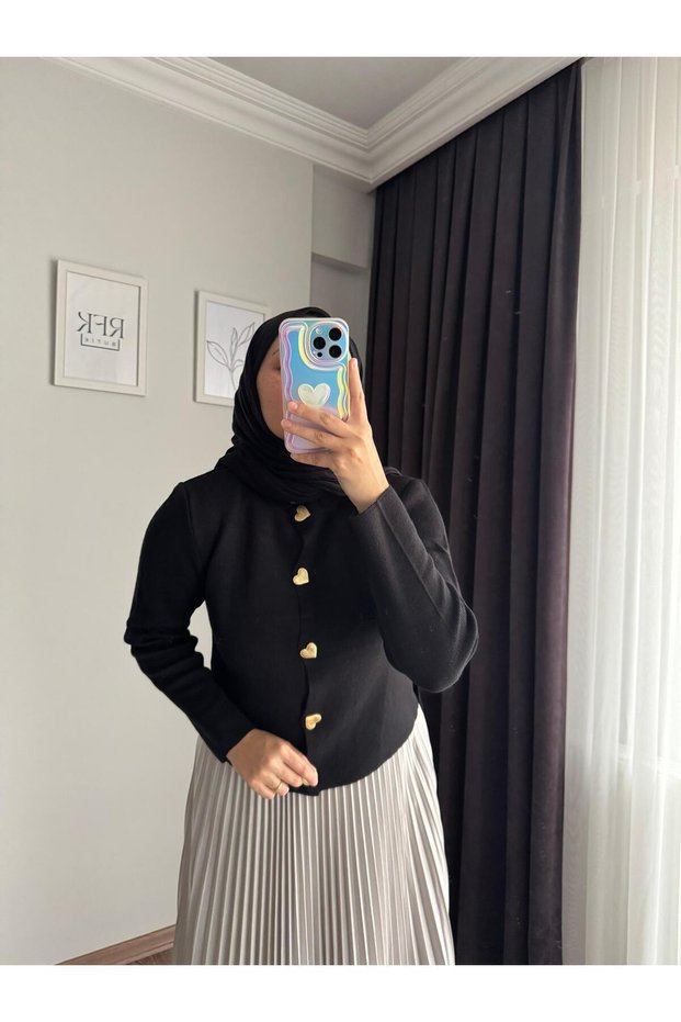 Women's Skirt Top Gold Heart Button Detailed Knitwear Hijab Cardigan Black