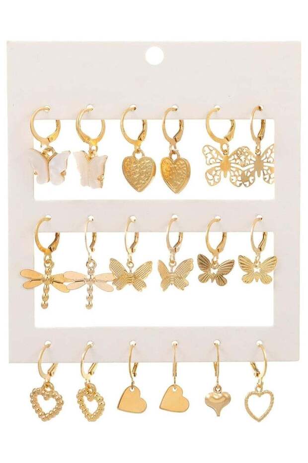 Elegant Gold Colour Tone Dangle Earrings Set - 9 Pairs with Butterfly & Heart Motifs