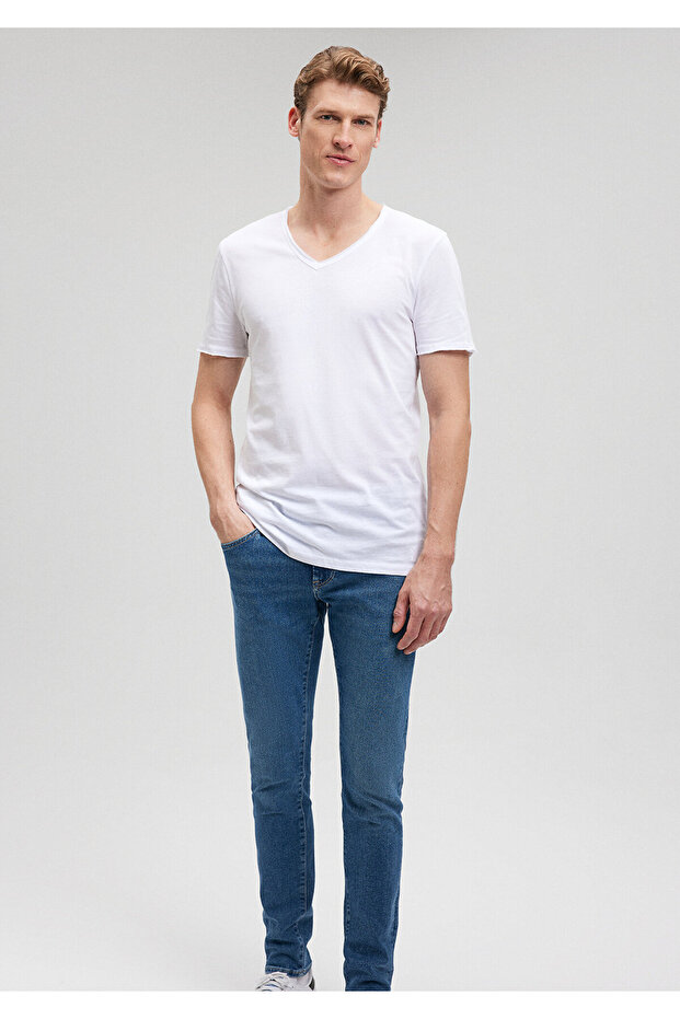 Stitching Detail V-Neck White T-Shirt Fitted / Fitted Cut 062773 -20843