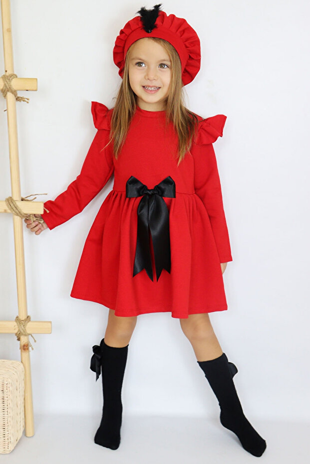 Lány piros Sofia pamut masni részletes ruhasapka estélyi ruha szett - 5