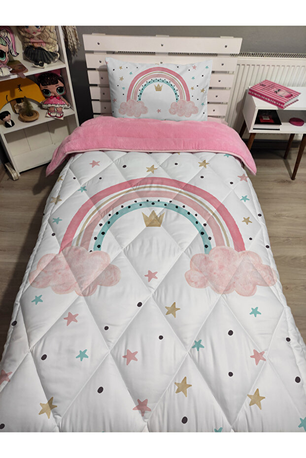 Welsoft Fleece Puffy Reversible Rainbow Patterned Single Duvet Bedding Set