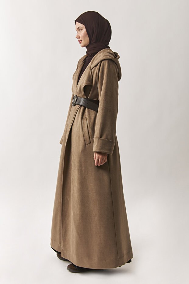 Kapüşonlu Süet Trençkot Vizon - 6