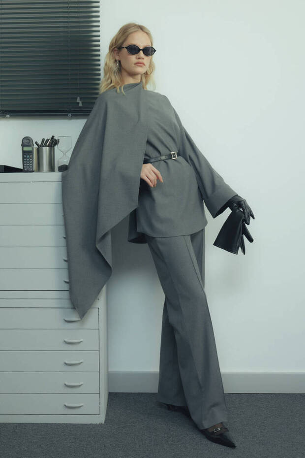 Gri Nervürlü Palazzo Pantolon - 6