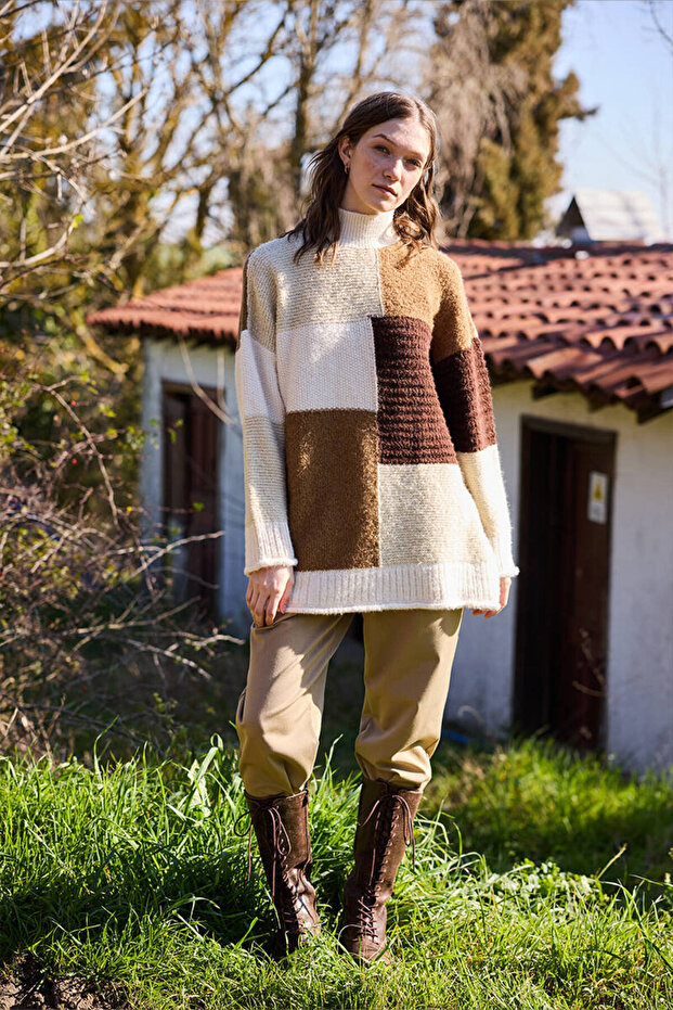 KAHVERENGİ PATCHWORK KAZAK - 1