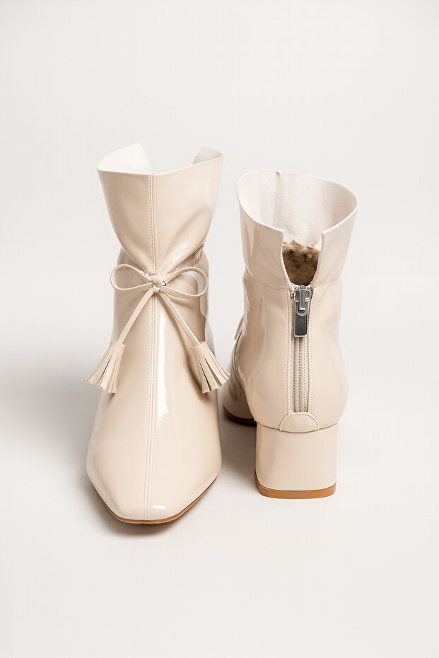 Krem Kadın Püskül Detaylı Rugan Bot&Bootie 5,5CM BYNDPUSBT01 - 6
