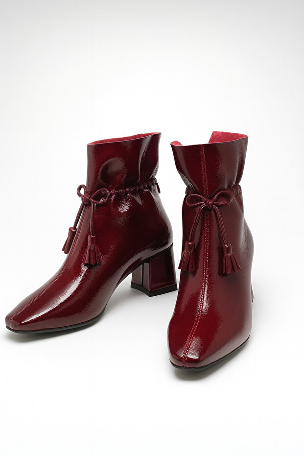 Bordo Kadın Püskül Detaylı Rugan Bot&Bootie 5,5CM BYNDPUSBT01 - 7