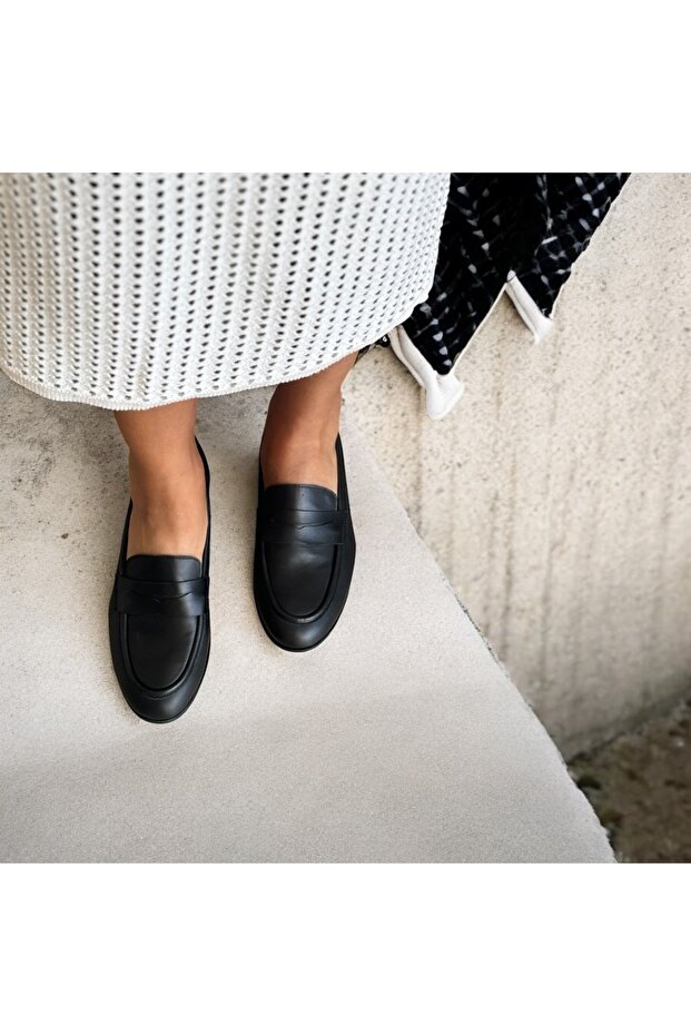 Black Genuine Leather Women's Loafer Shoes