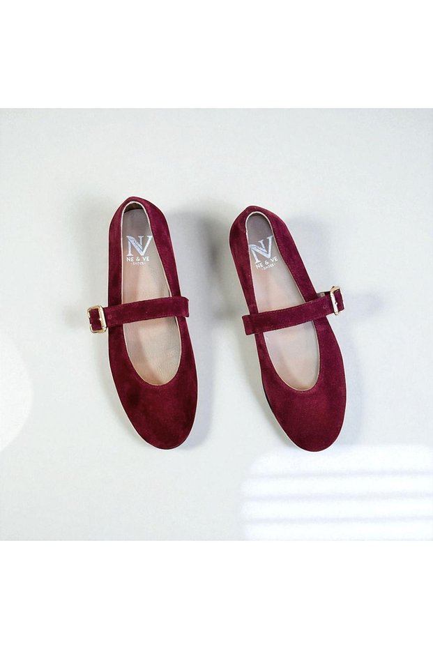 Burgundy Suede Genuine Leather Round Toe Buckle Women's Ballerinas