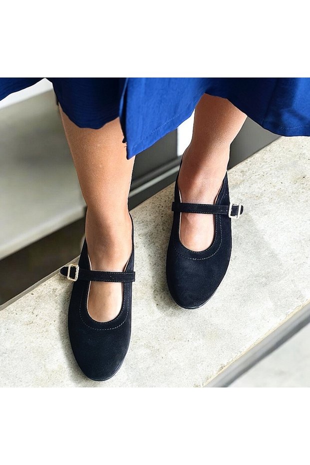 Black Suede Genuine Leather Ballerinas with Buckle