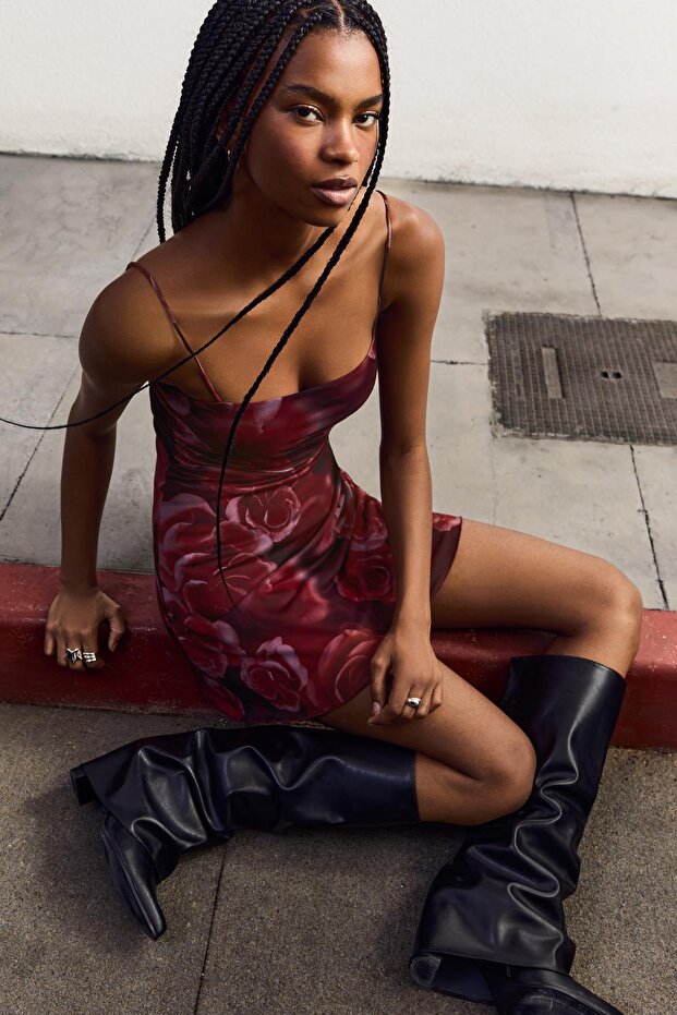 Desenli mini elbise - 1