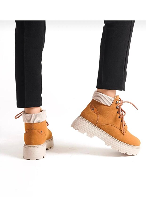 Kahverengi Cat Süet Bağcıklı Yüksek Taban Kadın Bot - 4