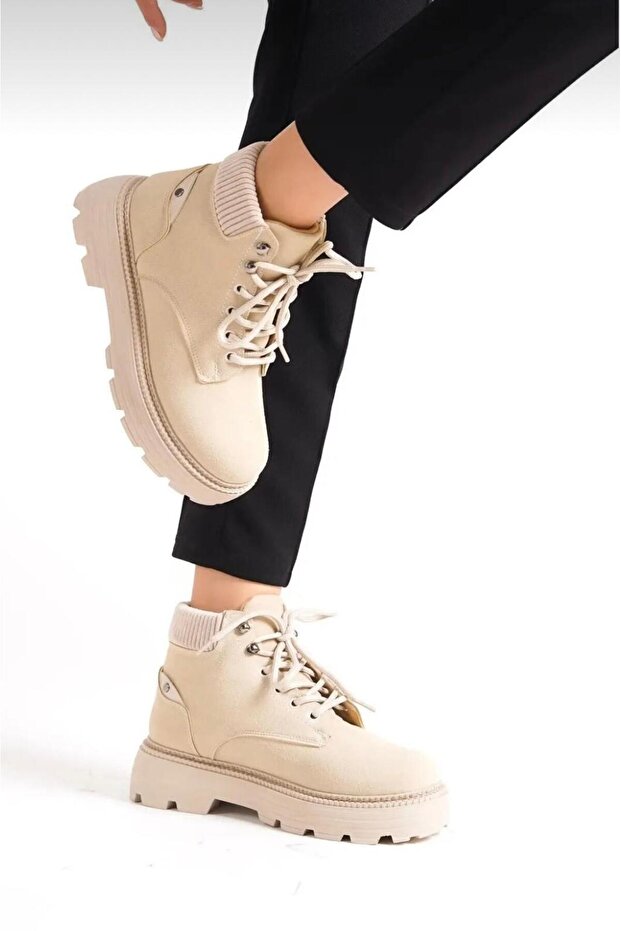 Bej Cat Süet Bağcıklı Yüksek Taban Kadın Bot - 3