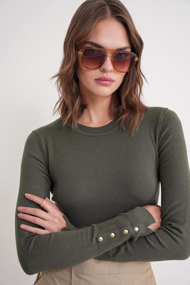 6736 Women's Crew Neck Sleeve Drop Knit Sweater Khaki