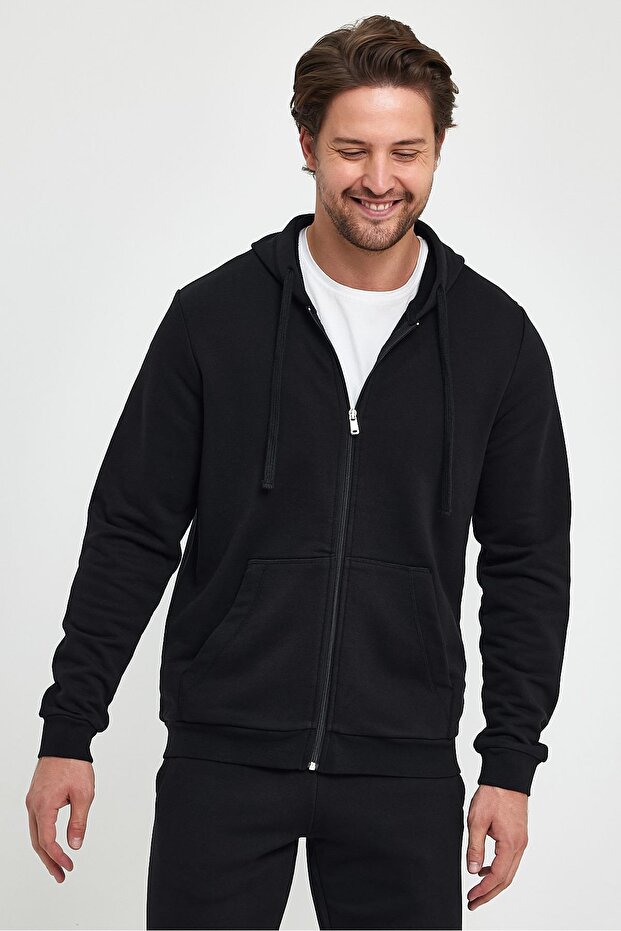Greg Kapüşonlu Önü Fermuarlı Basic Sweatshirt - Siyah - 3
