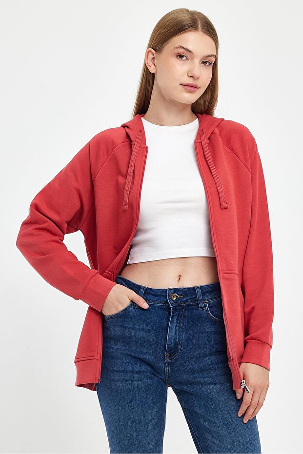 Grace Kapüşonlu Fermuarlı Regular Fit Basic Sweatshirt - Gülkurusu - 7