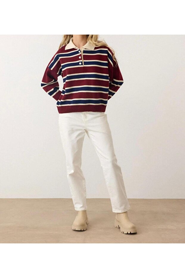 STRIPED POLO COLLAR KNITWEAR SWEATER