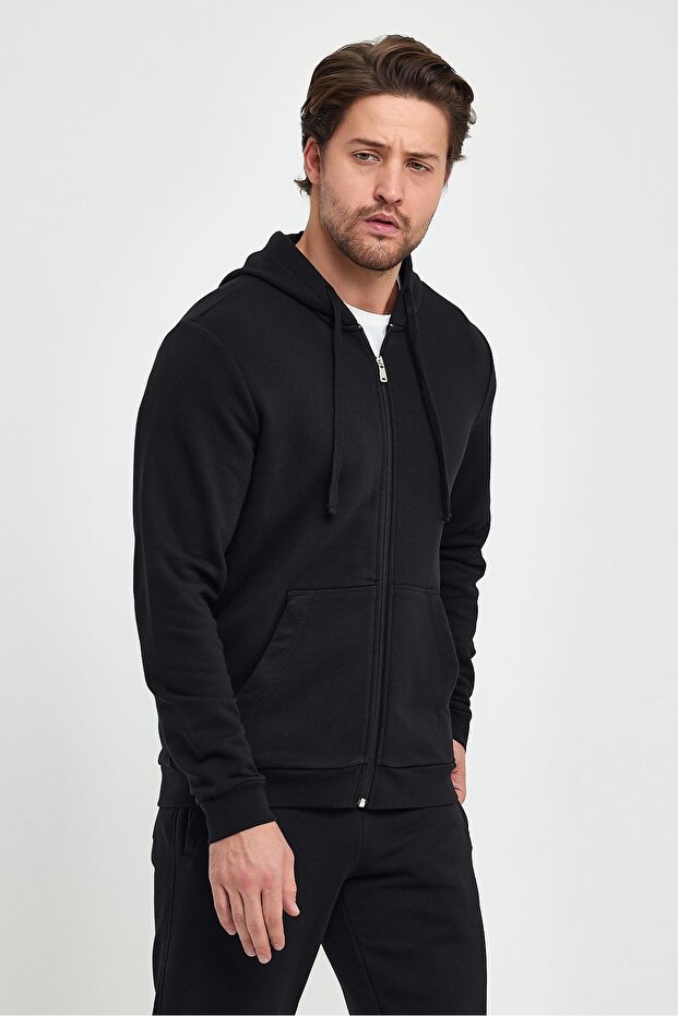 Greg Kapüşonlu Önü Fermuarlı Basic Sweatshirt - Siyah - 7