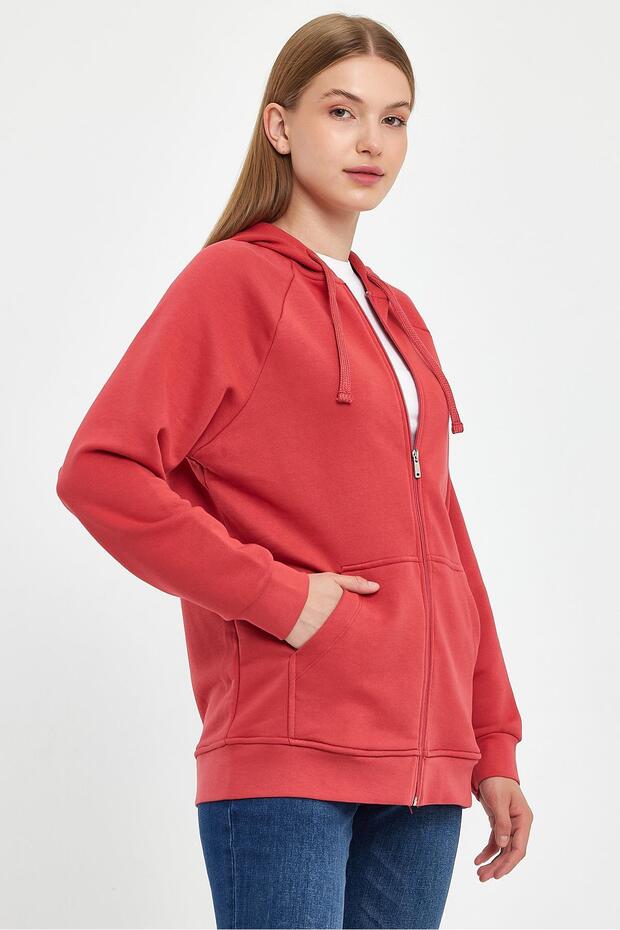 Grace Kapüşonlu Fermuarlı Regular Fit Basic Sweatshirt - Gülkurusu - 4
