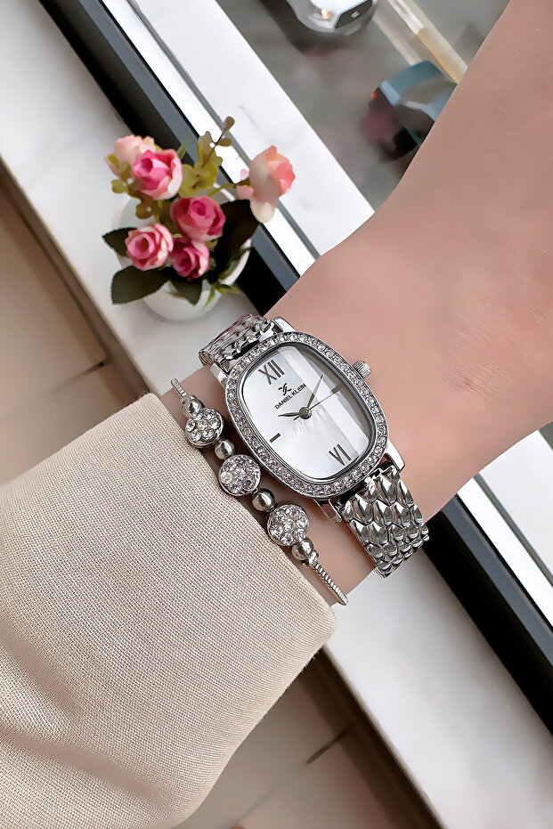 Oval Stone Case Waterproof Women Wristwatch Silver Color Steel Band Gift Bracelet Dkby2032C4