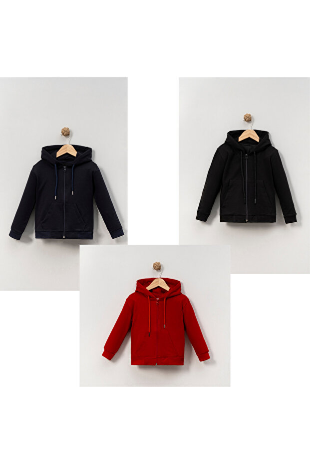 Hooded Pocketed Zippered Triple Single Top Unisex Combed Cotton Jacket - Red-Black-Navy Blue - Age 4