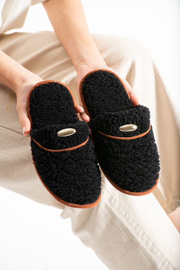 Siyah Havlu Kışlık Terlik Ev Terliği (Dar kalıptır) - 5