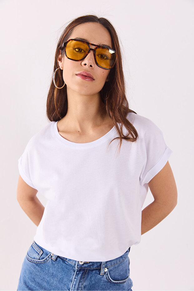 Cindy Bisiklet Yaka Basic Tişört ( Modal ) - Beyaz - 8