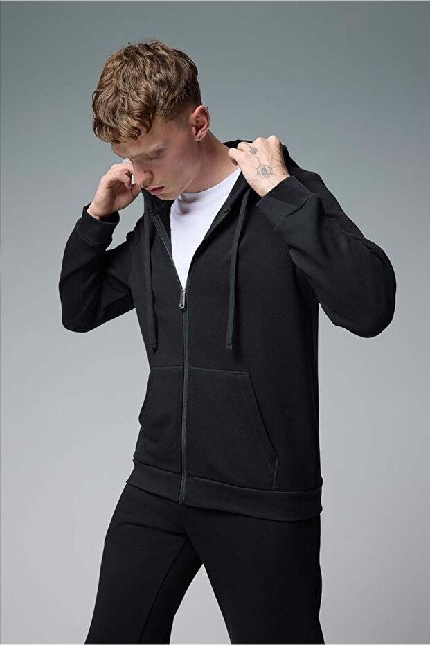Erkek Greg Kapüşonlu Önü Fermuarlı Basic Sweatshirt - Siyah - 2