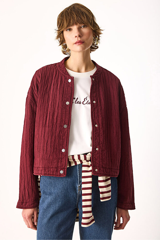 Kapitone Bomber Ceket-Bordo - 5